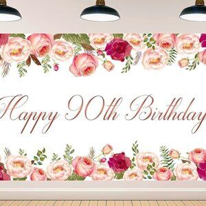 90th birthday party supplies - banner, table scatters, cake picks
